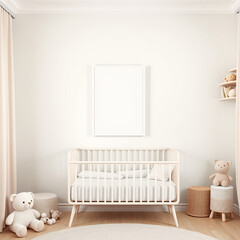 blank canvas mockup in a child nursery pastel colored room with plush toys whimsical decor portrait frame design creative interior layout digital display art showcase 3D rendering ideal for kids artwo