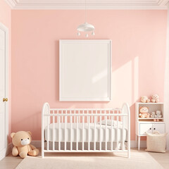 blank picture frame mockup in a girls room whimsical children themed interior with plush toys pastel wall decor portrait layout cozy atmosphere stylish nursery design digital artwork display