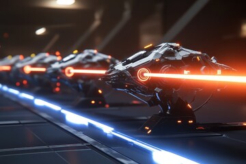 Futuristic weaponry on a conveyor belt.