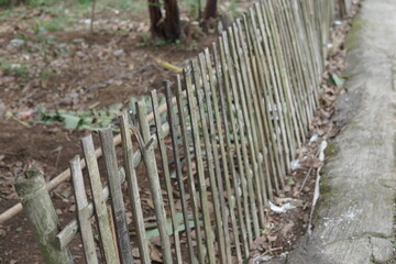 Rustic bamboo fence along a pathway in a garden