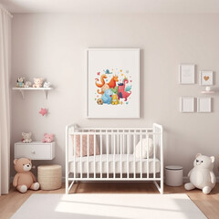 blank canvas mockup in a girl’s room cozy and inviting frame display portrait orientation crib-side art showcase pastel colored walls soft plush toys whimsical children’s decor 3d render design templa