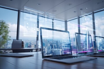 Modern office with laptops on a table, overlooking a city skyline, showcasing digital data and futuristic technology interfaces