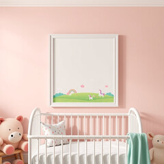 blank canvas mockup in stylish children's room playful decor pastel wall plush toys whimsical design portrait orientation framed art display ideal for nursery or bedroom decoration creative showcase f