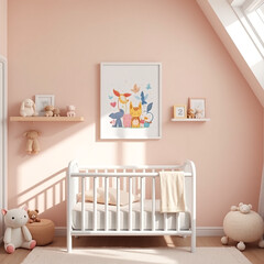 blank canvas mockup in a whimsical children’s room pastel colored walls with plush toys dreamy décor playful design portrait orientation nursery artwork display 3d render interior design template