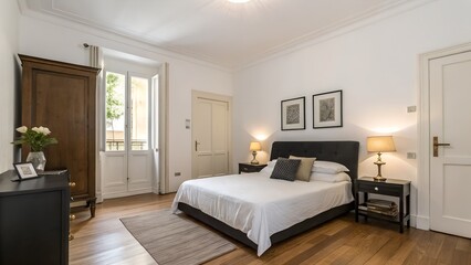 Minimalist Bedroom with White Walls and Black Accents