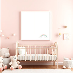 empty canvas mockup in child room pastel decor dreamy atmosphere poster display whimsical toys frame design neutral tones 3d rendering for art showcase modern nursery inspiration creative interior des
