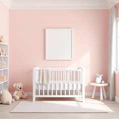 blank canvas mockup in girls room soft pastel walls whimsical decor with plush toys artistic frame presentation nursery wall art display 3d visual representation for creative projects and design showc