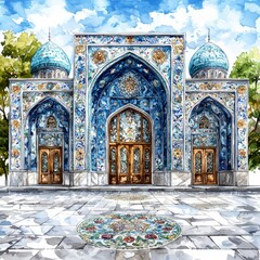Obraz premium Watercolor Painting of a Blue and White Mosque.