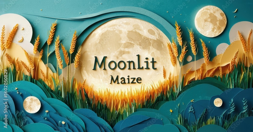 Poster papercraft scene depicts moonlit maize fields. soft colors, layered textures create whimsical landsc
