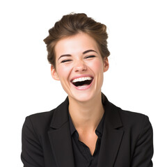 Smiling young woman in business attire enjoying a joyful moment in a professional setting at a bright location