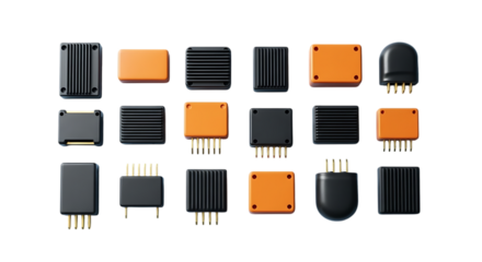 Collection of electronic components and heat sinks on a blue background