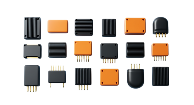 Collection of electronic components and heat sinks on a blue background