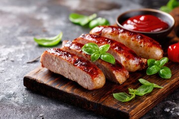 Traditional pork links on a board with basil and ketchup on a stone surface
