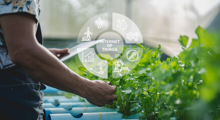A person uses a tablet to monitor smart agriculture technology with Internet of Things icons...