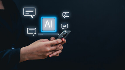 A person holding a smartphone with digital AI chat bubbles and icons floating, symbolizing artificial intelligence communication.