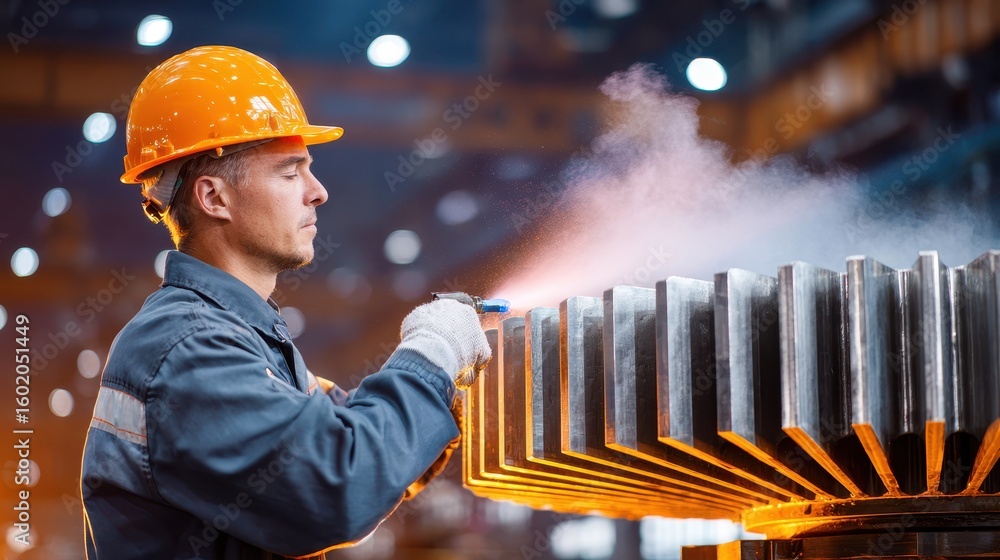 Poster a worker in an orange helmet uses a torch on metal components, creating sparks and smoke in an indus