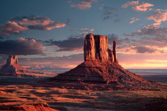 Navajo Land. Monument Valley Mitten - A Spectacular Historical Building at Dusk