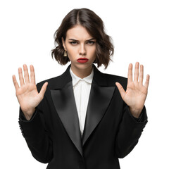 Model in formal attire expressing defiance with hands raised in a modern studio setting