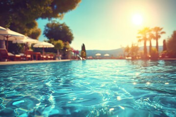 Obraz premium A sunlit swimming pool with clear blue water, surrounded by palm trees, lounge chairs, and umbrellas on a bright summer day
