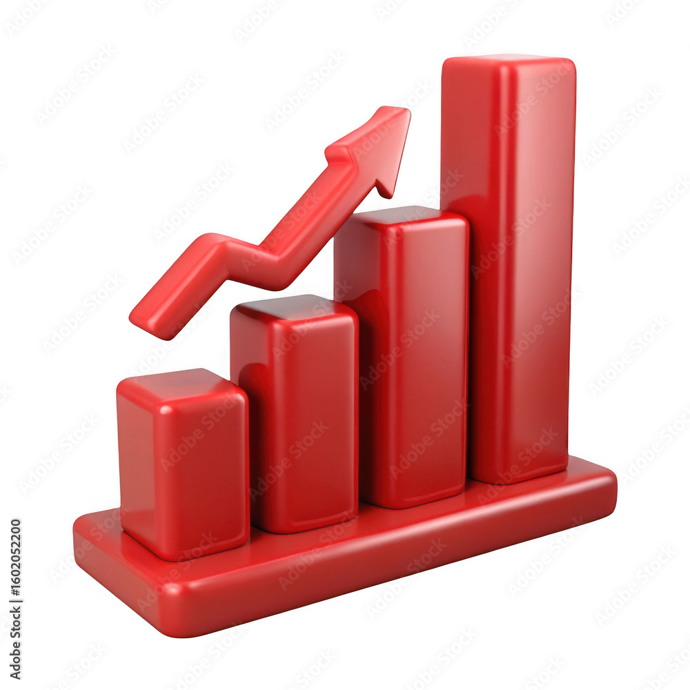 Poster 3d rendered red bar graph with upward arrow isolated on transparent background