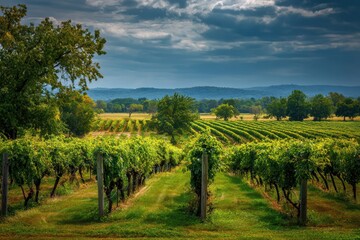 Naklejka premium New York Farm. Vineyards Landscape with Green Fields and Grape Vines Under the Sky