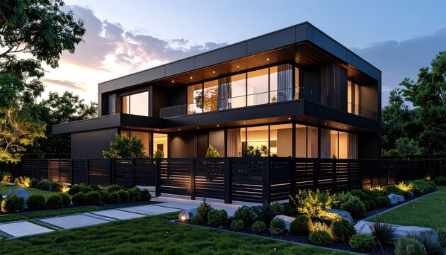 Modern Black House: Evening Twilight Elegance