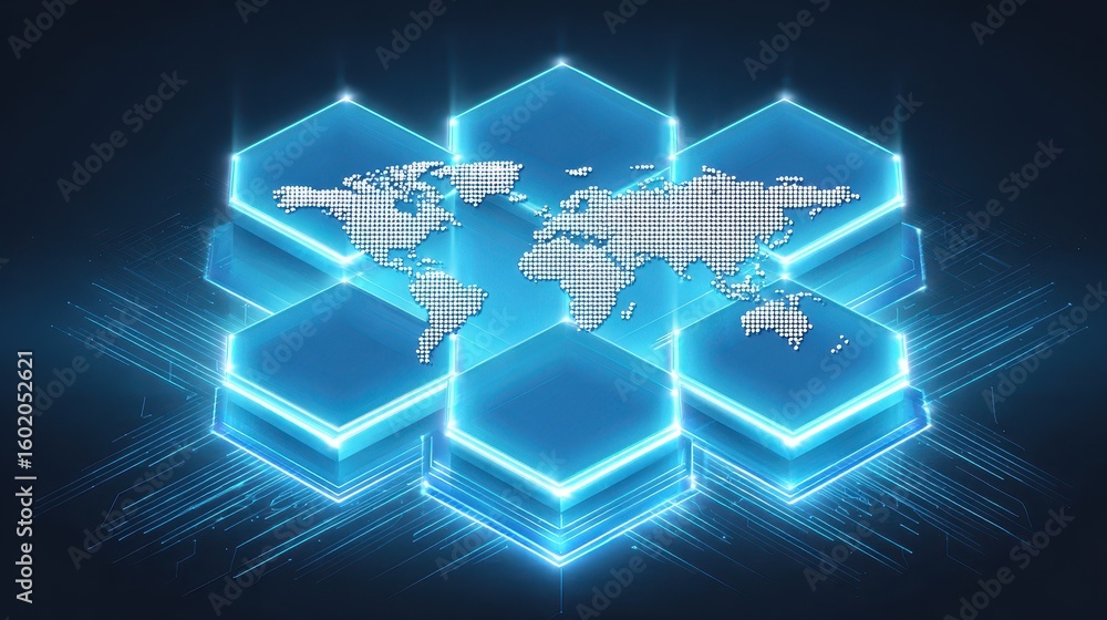 Poster a futuristic representation of a world map, highlighted by glowing hexagons, symbolizing technology 