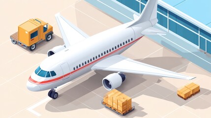 A detailed illustration of an airplane at an airport, with a cargo truck and boxes, showcasing airport operations and transportation logistics.