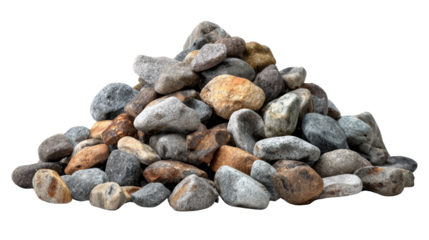 A pile of smooth, rounded stones in various colors on a white isolated background.