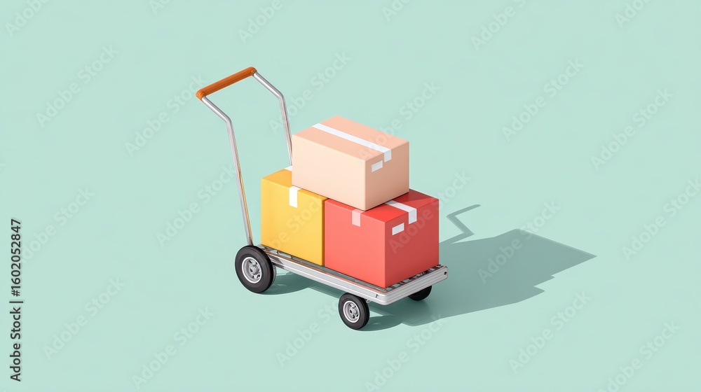 Poster a cart loaded with colorful boxes casts a shadow on a light background, symbolizing delivery and log