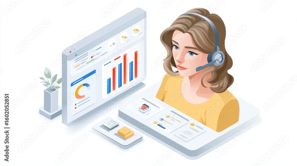 Poster a woman with a headset engages in data analysis, surrounded by charts and infographics on a computer