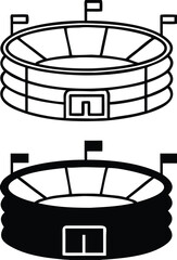 Stadium icons. Black and White Vector Icons of Sports Stadium Building. Arena with Flags, Sports Complex. Architecture Concept
