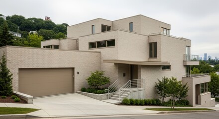 A modern brick house with clean lines and a view of the city skyline