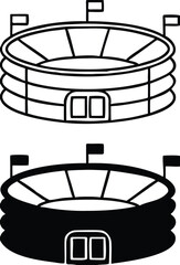 Stadium icons. Black and White Vector Icons of Sports Stadium Building. Arena with Flags, Sports Complex. Architecture Concept
