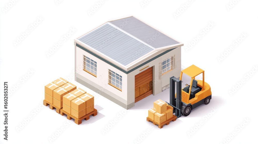 Poster a warehouse with pallets of boxes and a forklift ready for loading and unloading goods.
