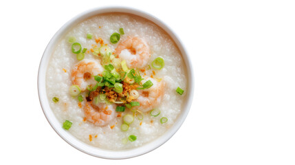 Bowl of rice porridge topped with shrimp and green onions, isolated on white background.