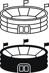 Stadium icons. Black and White Vector Icons of Sports Stadium Building. Arena with Flags, Sports Complex. Architecture Concept

