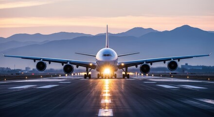 A commercial airplane landing on a runway at sunset with mountains in the background