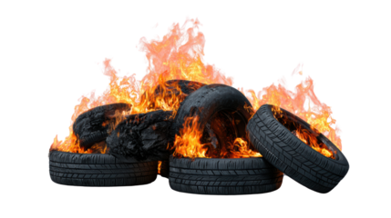 Burning tires creating flames, representing environmental pollution and waste management challenges.