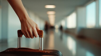 A hand grips a wheeled suitcase while walking through a blurred airport corridor, suggesting travel and adventure.