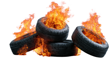 Burning tires stacked together with flames, symbolizing protests or environmental concerns.