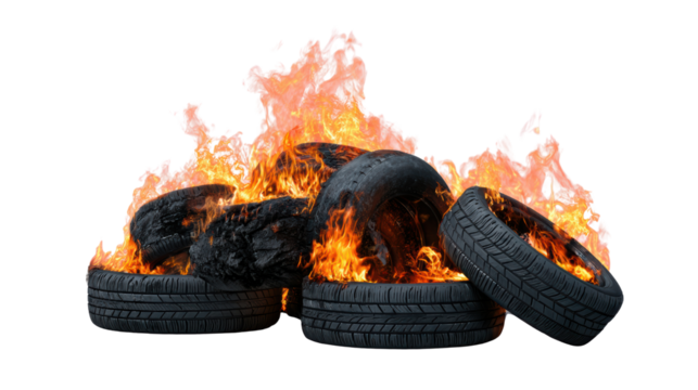 Burning tires creating flames, representing environmental pollution and waste management challenges.