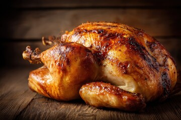 Oven Roasted Turkey. Whole Chicken and Turkey Roasted Over Wooden Background, Side View. Ideal for Christmas and Thanksgiving