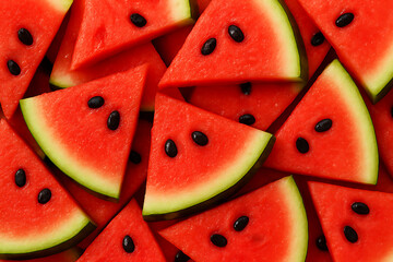 Watermelon triangle slices in artistic layout showing summer freshness sweetness and healthy snack idea for seasonal design and world watermelon day fruit texture background