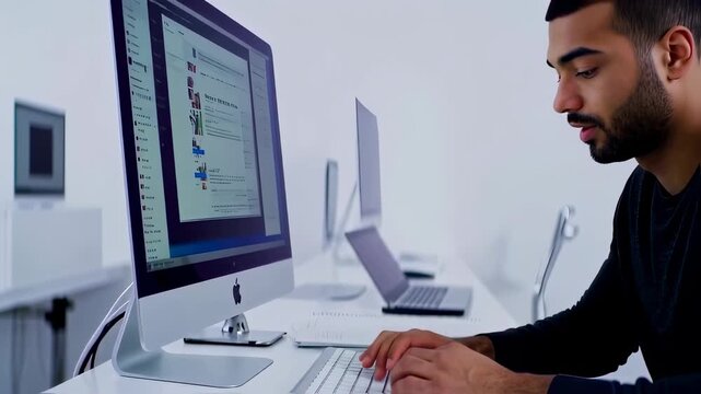 Man working on iMac in modern office, typing on wireless keyboard for startup project