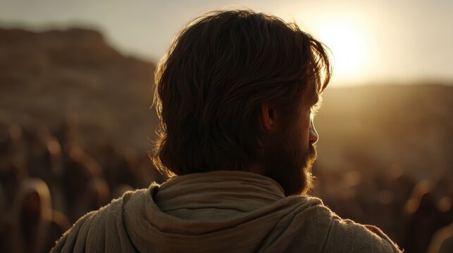 A man in ancient-style clothing stands before a crowd at sunset, gazing into the distance with a thoughtful expression