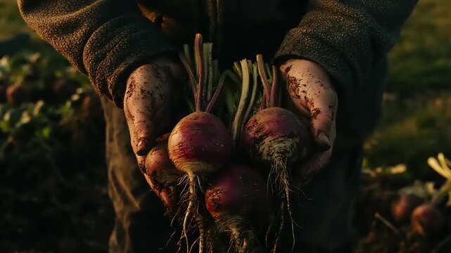 Freshly harvested turnips held in hands