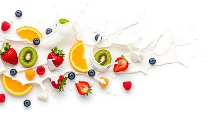 Yogurt Splash with Berries and Fruit on White Background
