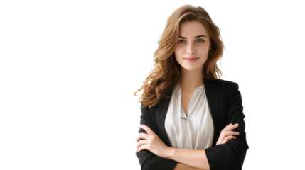 Confident businesswoman with arms crossed, smiling, professional attire, isolated on white background.