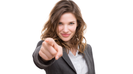 Confident woman pointing, dressed in a suit, isolated on white background.